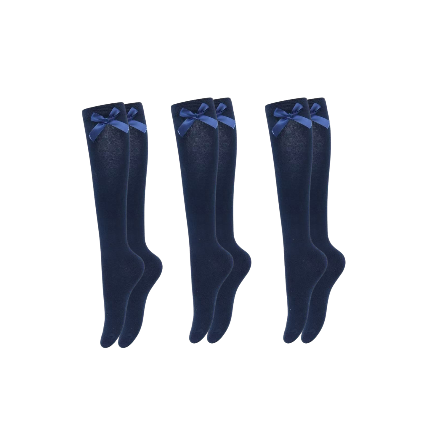 Girls Knee High Socks with Satin Bow – 3-Pack | Soft Cotton Long Socks for School Uniforms, Parties & Daily Wear – Navy Blue