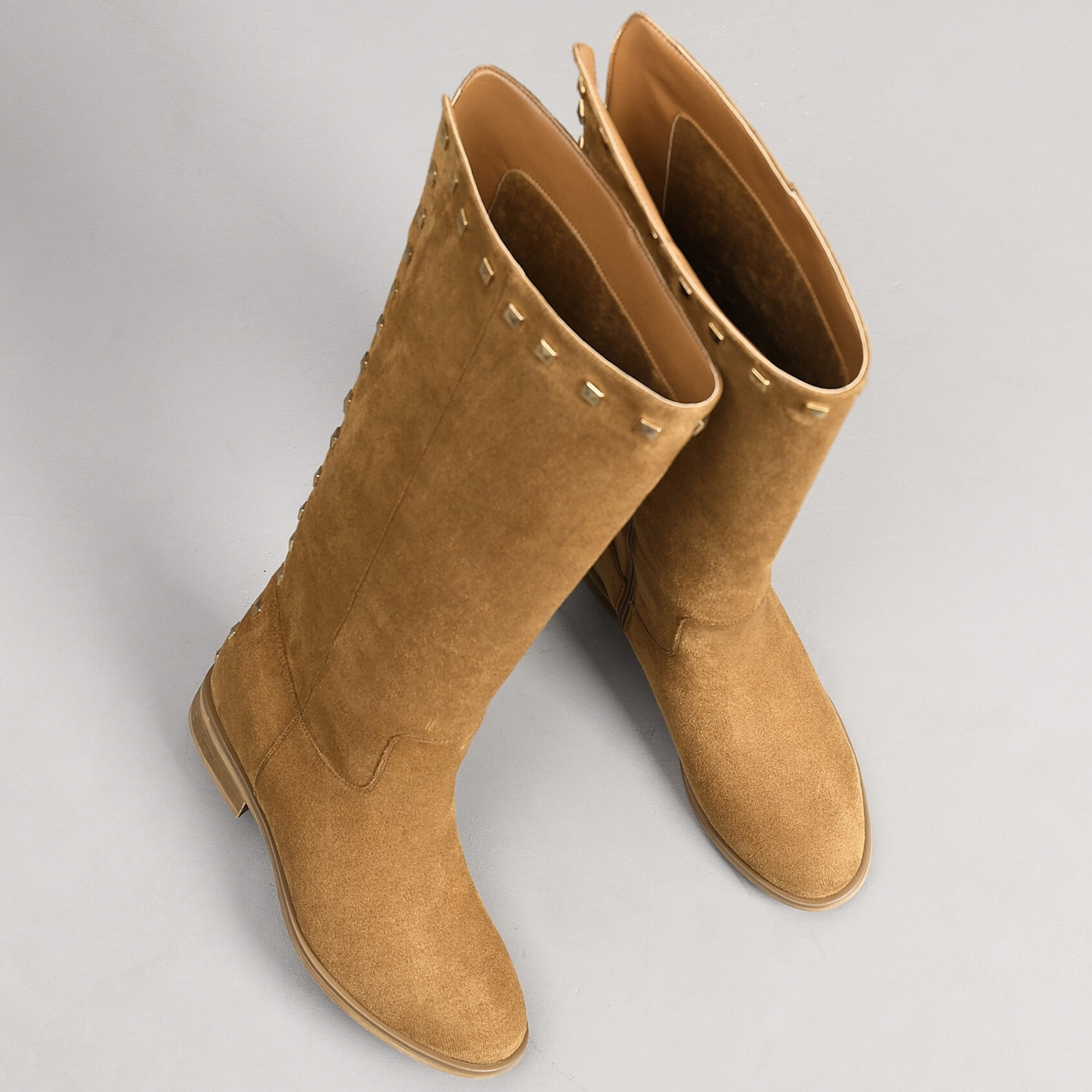 IVACHY Womens Flat Knee High Boots - Suede Shoes Studs A2357 CAMEL