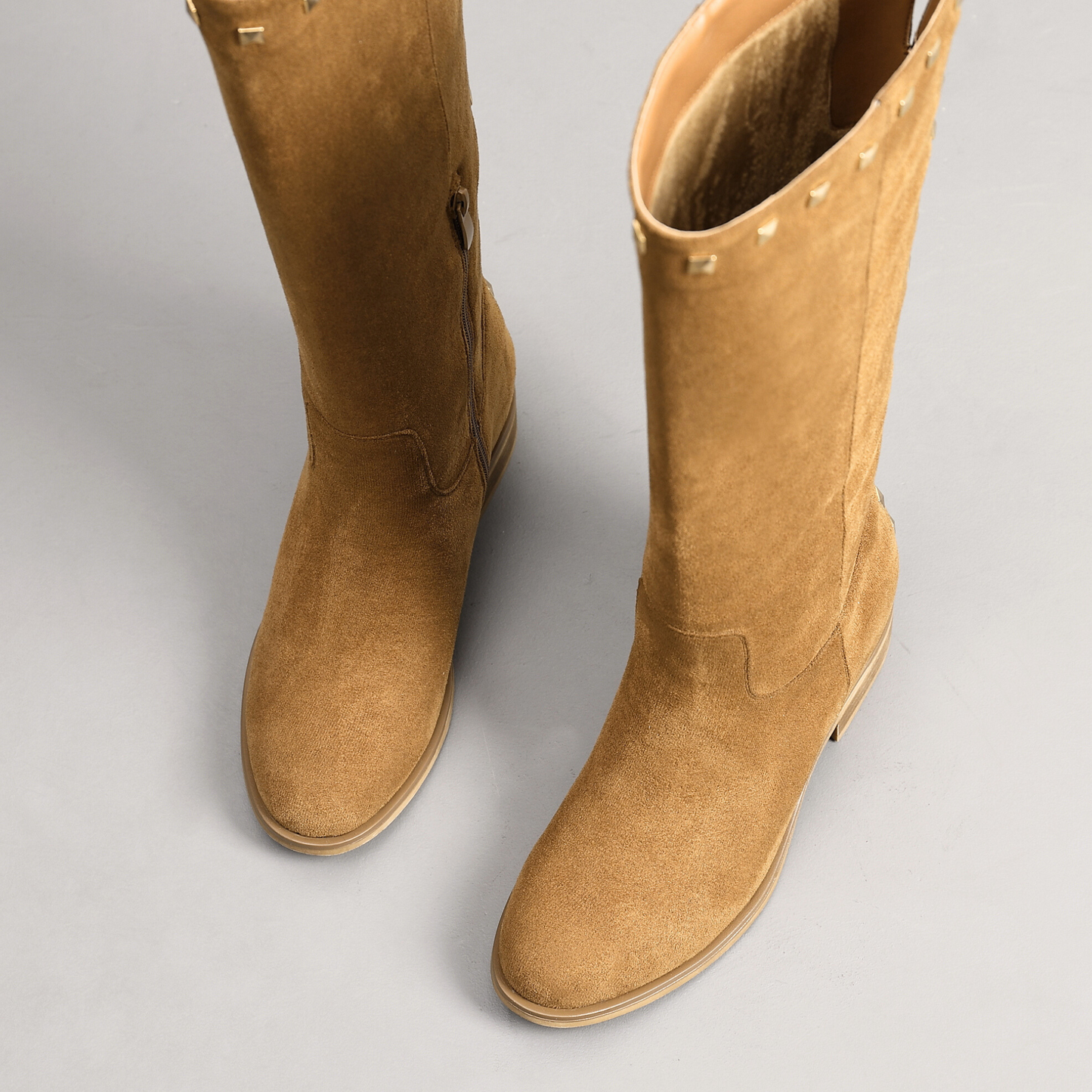 IVACHY Womens Flat Knee High Boots - Suede Shoes Studs A2357 CAMEL