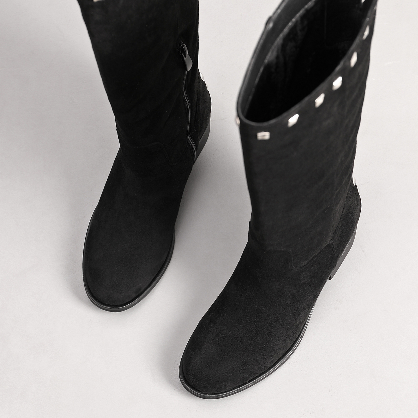 IVACHY Womens Flat Knee High Boots - Suede Shoes Studs A2357 BLACK