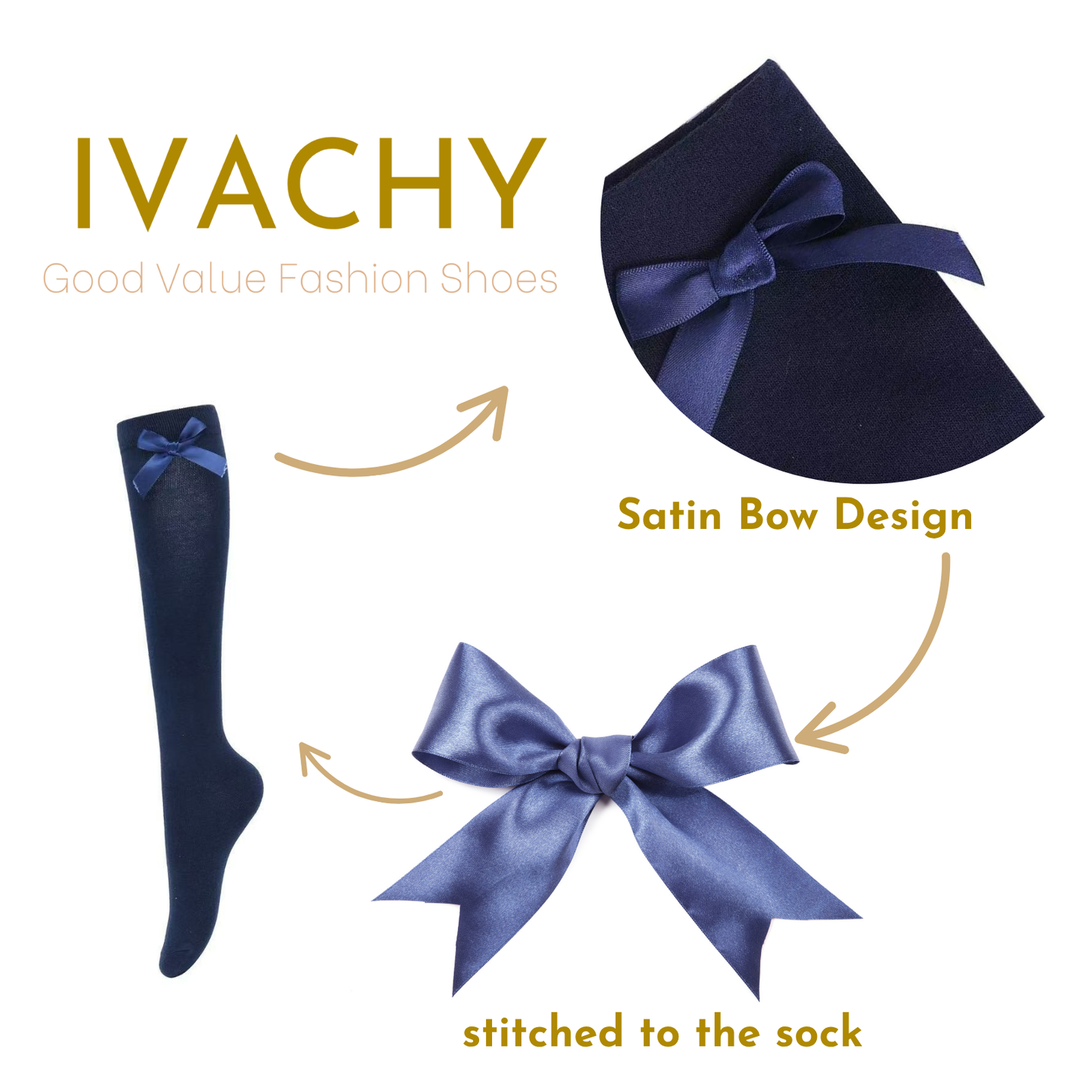 Girls Knee High Socks with Satin Bow – 3-Pack | Soft Cotton Long Socks for School Uniforms, Parties & Daily Wear – Navy Blue