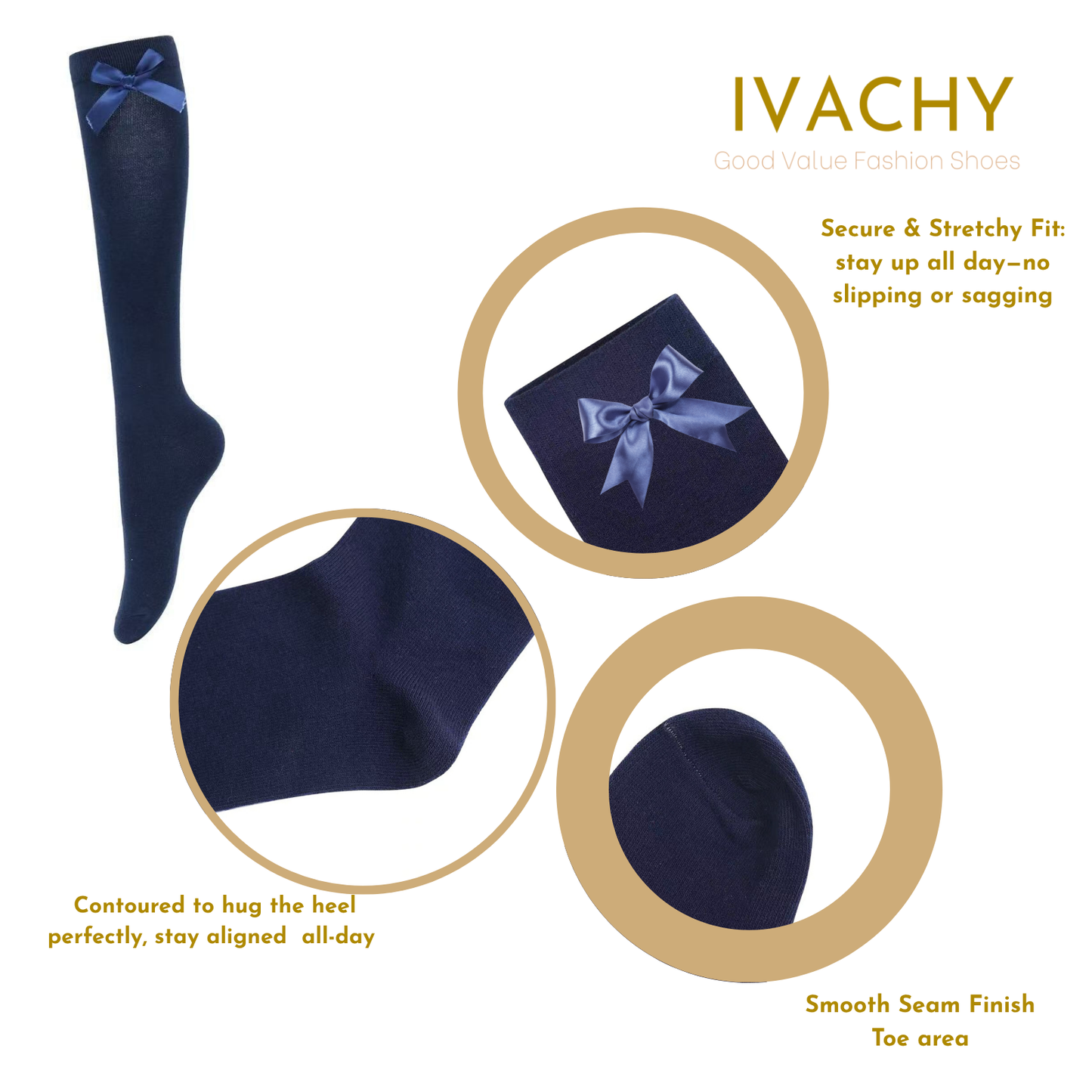 Girls Knee High Socks with Satin Bow – 3-Pack | Soft Cotton Long Socks for School Uniforms, Parties & Daily Wear – Navy Blue