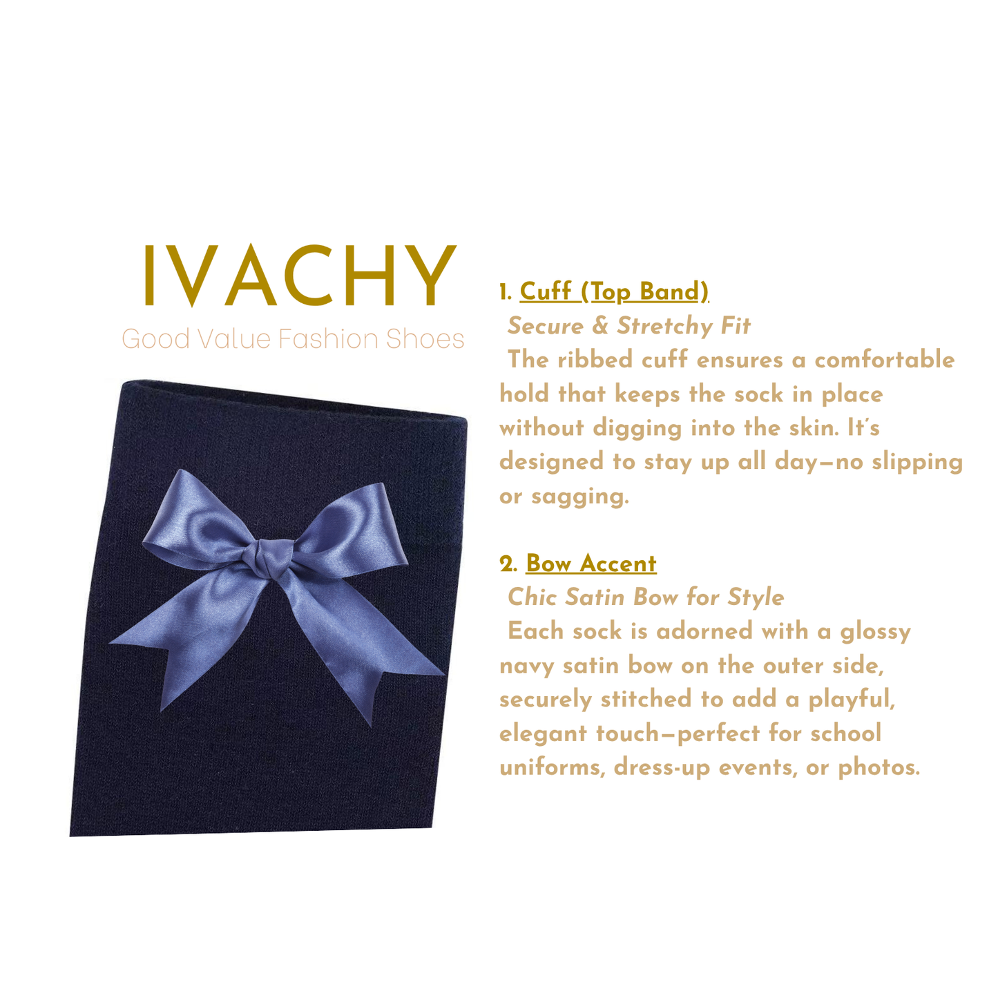 Girls Knee High Socks with Satin Bow – 3-Pack | Soft Cotton Long Socks for School Uniforms, Parties & Daily Wear – Navy Blue
