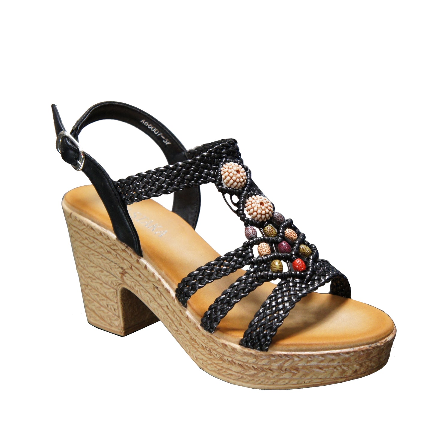 IVACHY Women's Summer Braided Strappy Beaded Flowery Espadrille Wedge Heels Sandals A68007 BLACK