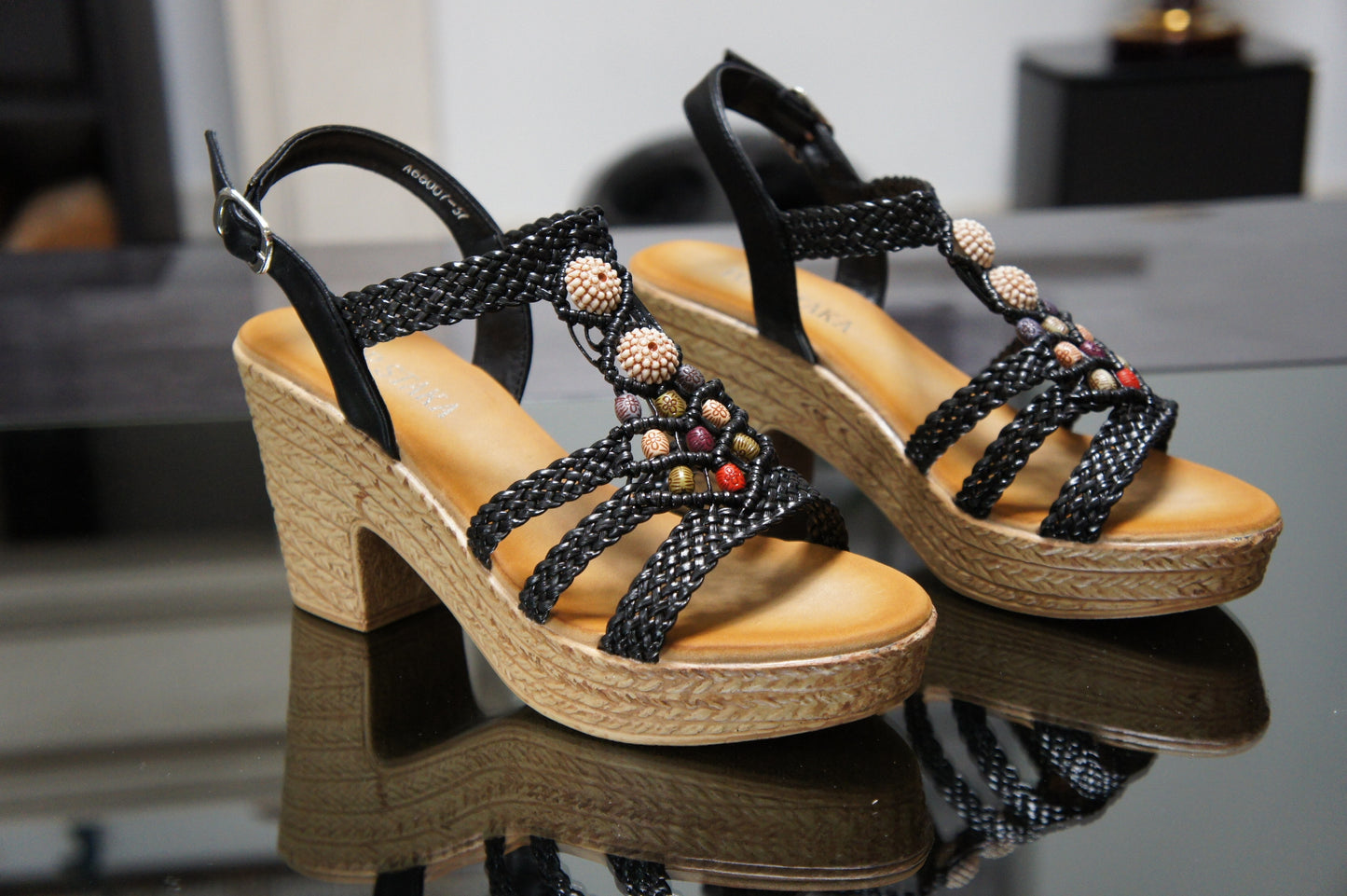 IVACHY Women's Summer Braided Strappy Beaded Flowery Espadrille Wedge Heels Sandals A68007 BLACK