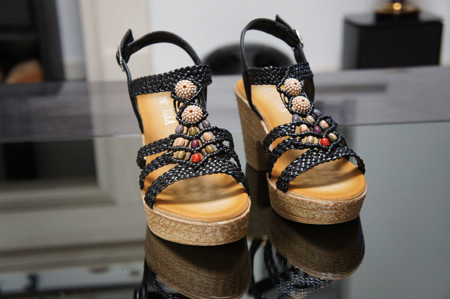 IVACHY Women's Summer Braided Strappy Beaded Flowery Espadrille Wedge Heels Sandals A68007 BLACK