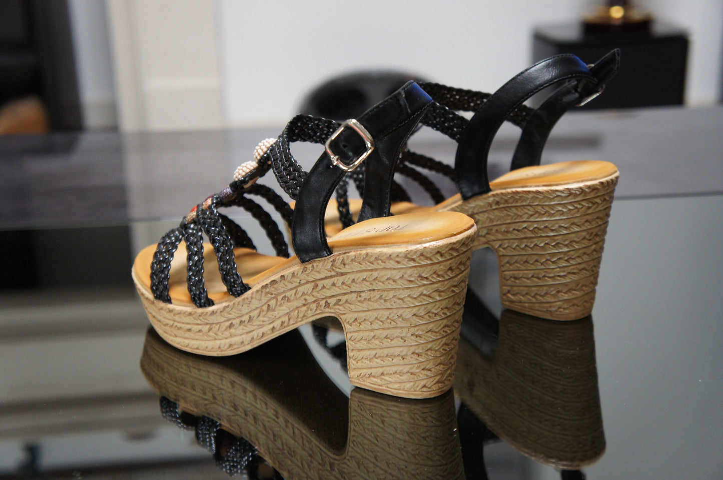 IVACHY Women's Summer Braided Strappy Beaded Flowery Espadrille Wedge Heels Sandals A68007 BLACK