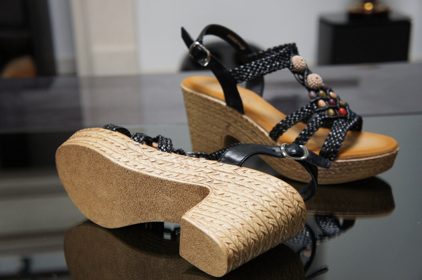 IVACHY Women's Summer Braided Strappy Beaded Flowery Espadrille Wedge Heels Sandals A68007 BLACK
