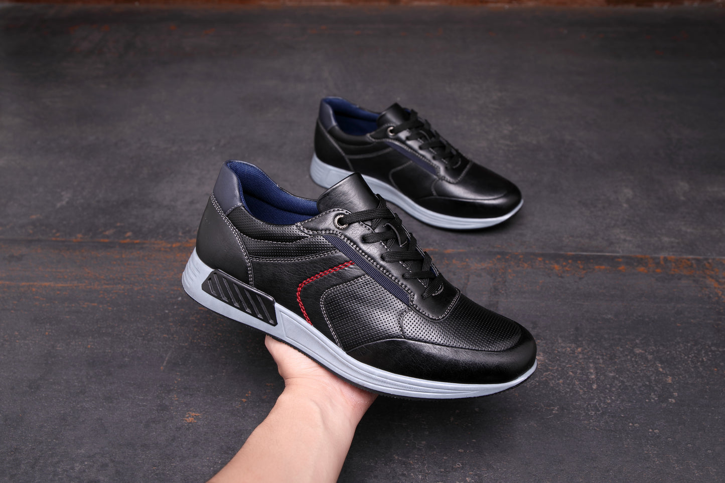 Men's Casual Sneakers Leather Running Shoes for Walking Hiking Jogging Classic Business Sport Men's Trainers A2180 BLACK