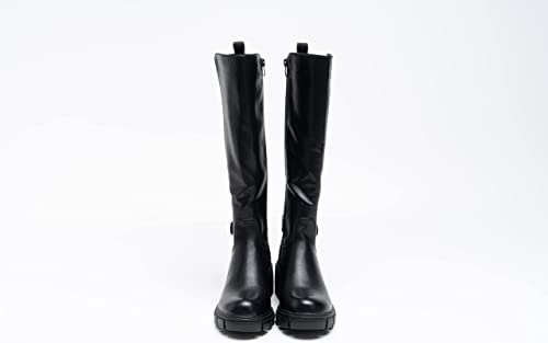 Women Knee Lenght Boots Buckle Block Heel Zip Black A68097
