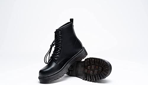Women Classic Boots Smooth Finish Lace Up Ankle Boots Platform Shoes High Black A68102