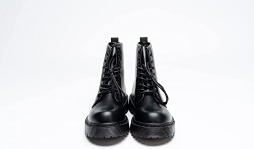 Women Classic Boots Smooth Finish Lace Up Ankle Boots Platform Shoes High Black A68102