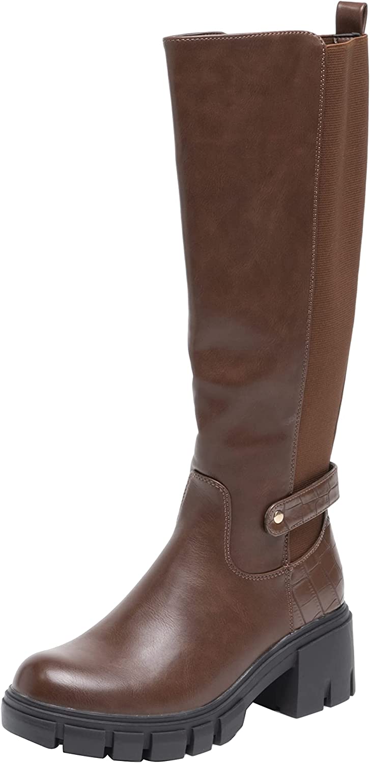 Women Knee Lenght Boots Buckle Block Heel Zip Camel A68097