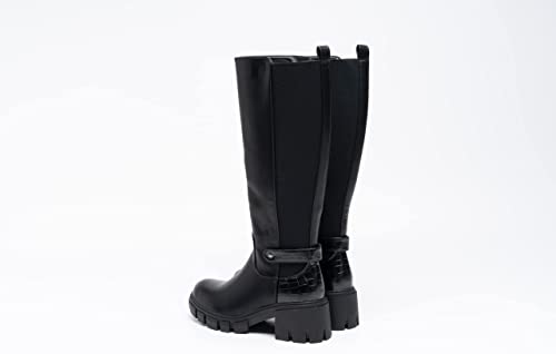 Women Knee Lenght Boots Buckle Block Heel Zip Black A68097