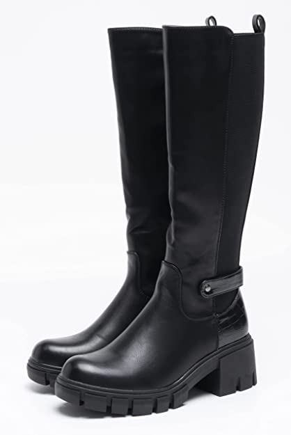 Women Knee Lenght Boots Buckle Block Heel Zip Black A68097