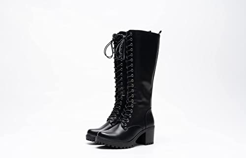 Women Knee High Boots Lace Up Zip Fastening Long Boots Block Heel Platform Black A68093