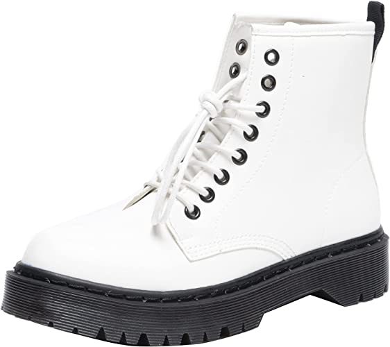 Women Classic Boots Smooth Finish Lace Up Ankle Boots Platform Shoes High White A68102