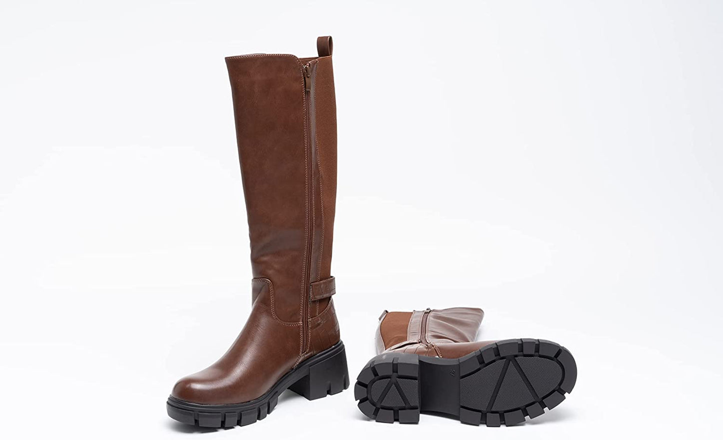 Women Knee Lenght Boots Buckle Block Heel Zip Camel A68097