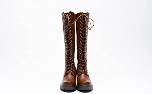 Women Knee High Boots Lace Up Zip Fastening Long Boots Block Heel Platform Camel A68093