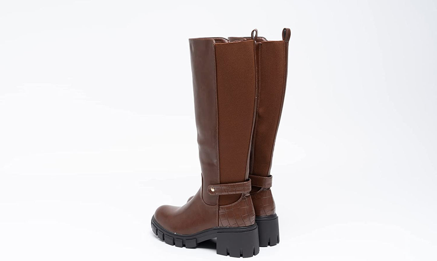 Women Knee Lenght Boots Buckle Block Heel Zip Camel A68097