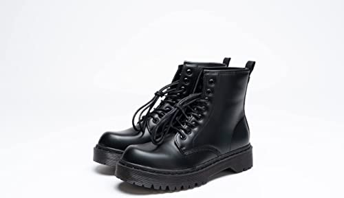 Women Classic Boots Smooth Finish Lace Up Ankle Boots Platform Shoes High Black A68102