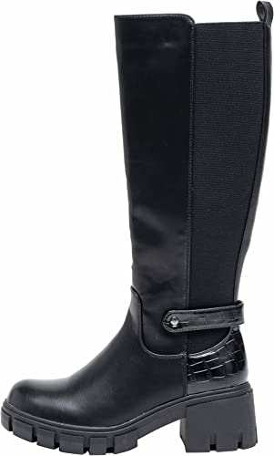 Women Knee Lenght Boots Buckle Block Heel Zip Black A68097