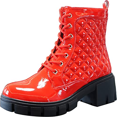 Women Boots Patent Zip Chunky Red A9015