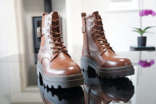 Women Ankle Boots - Zip Comfort Lace-up Tan A9027