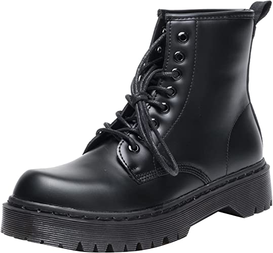 Women Classic Boots Smooth Finish Lace Up Ankle Boots Platform Shoes High Black A68102