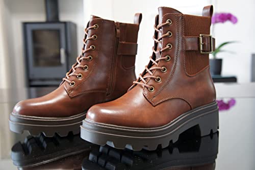 Women Ankle Boots - Zip Comfort Lace-up Tan A9027
