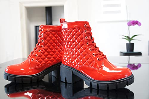Women Boots Patent Zip Chunky Red A9015