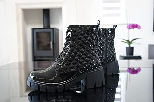 Women Boots Patent Zip Chunky Black A9015