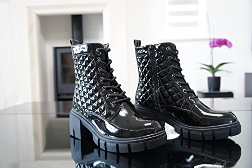 Women Boots Patent Zip Chunky Black A9015