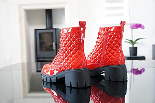 Women Boots Patent Zip Chunky Red A9015