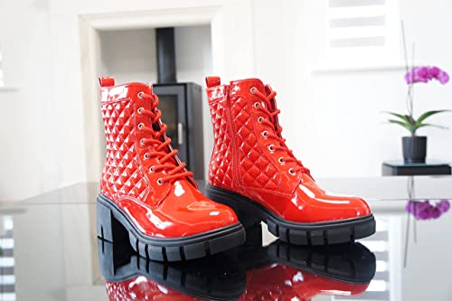 Women Boots Patent Zip Chunky Red A9015