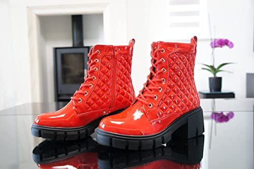 Women Boots Patent Zip Chunky Red A9015