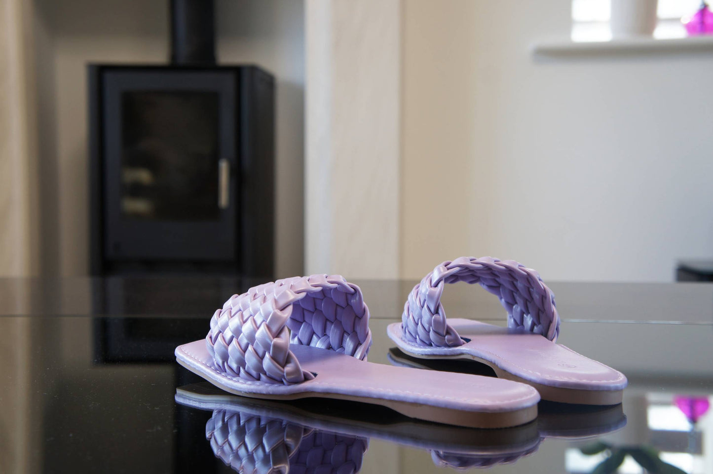 Women Slider Ladies Flat Mules Woven Sandal Slip On Flat Purple BG-903