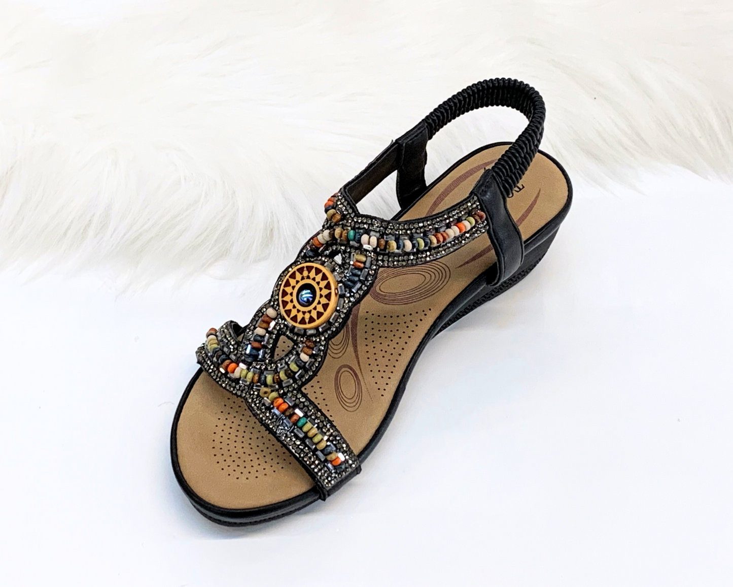 IVACHY Womens beaded crystals elastic strap stretch flats Rhinestone Decor Slingback Bohemian Style Sandals A68126 BLACK