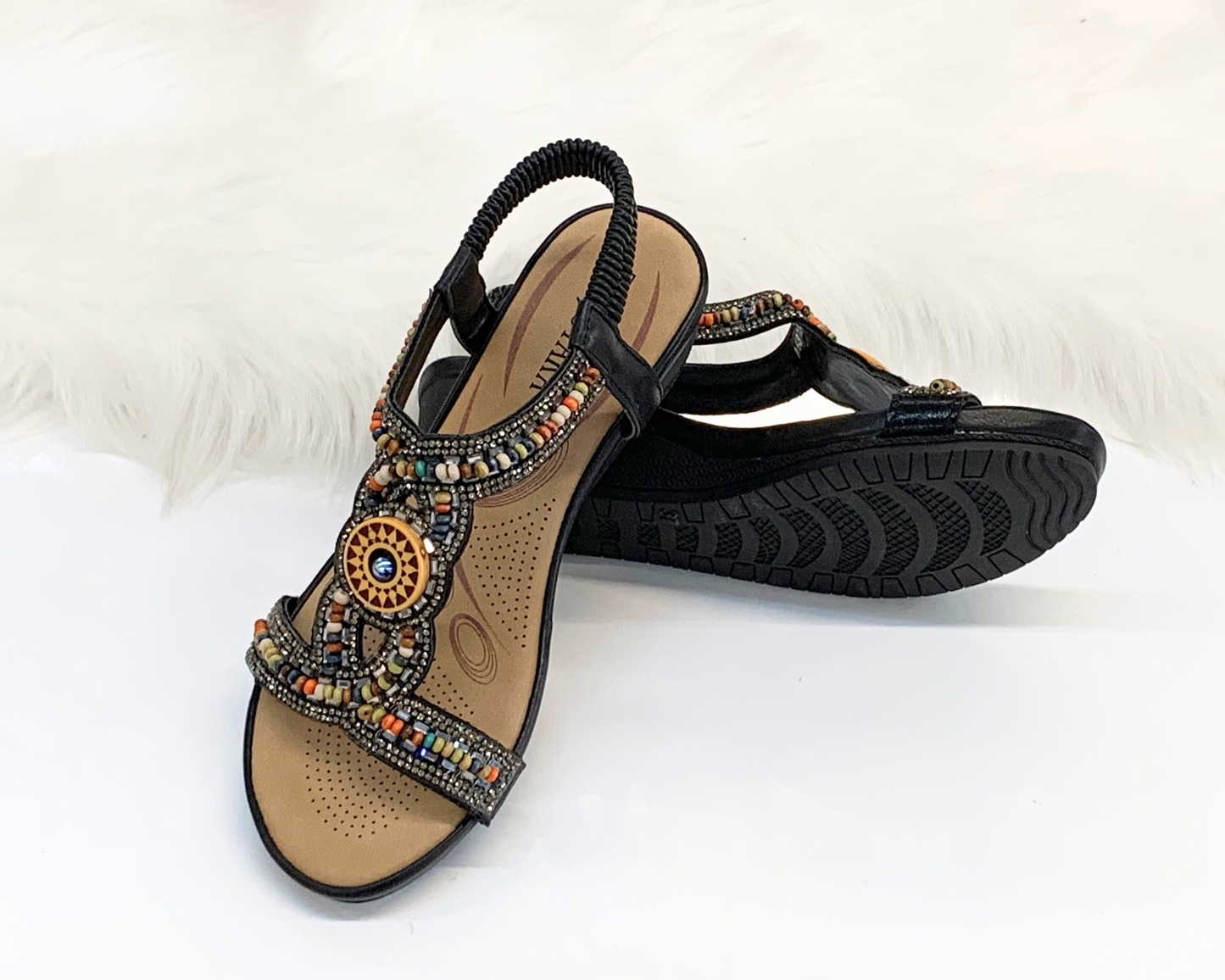 IVACHY Womens beaded crystals elastic strap stretch flats Rhinestone Decor Slingback Bohemian Style Sandals A68126 BLACK