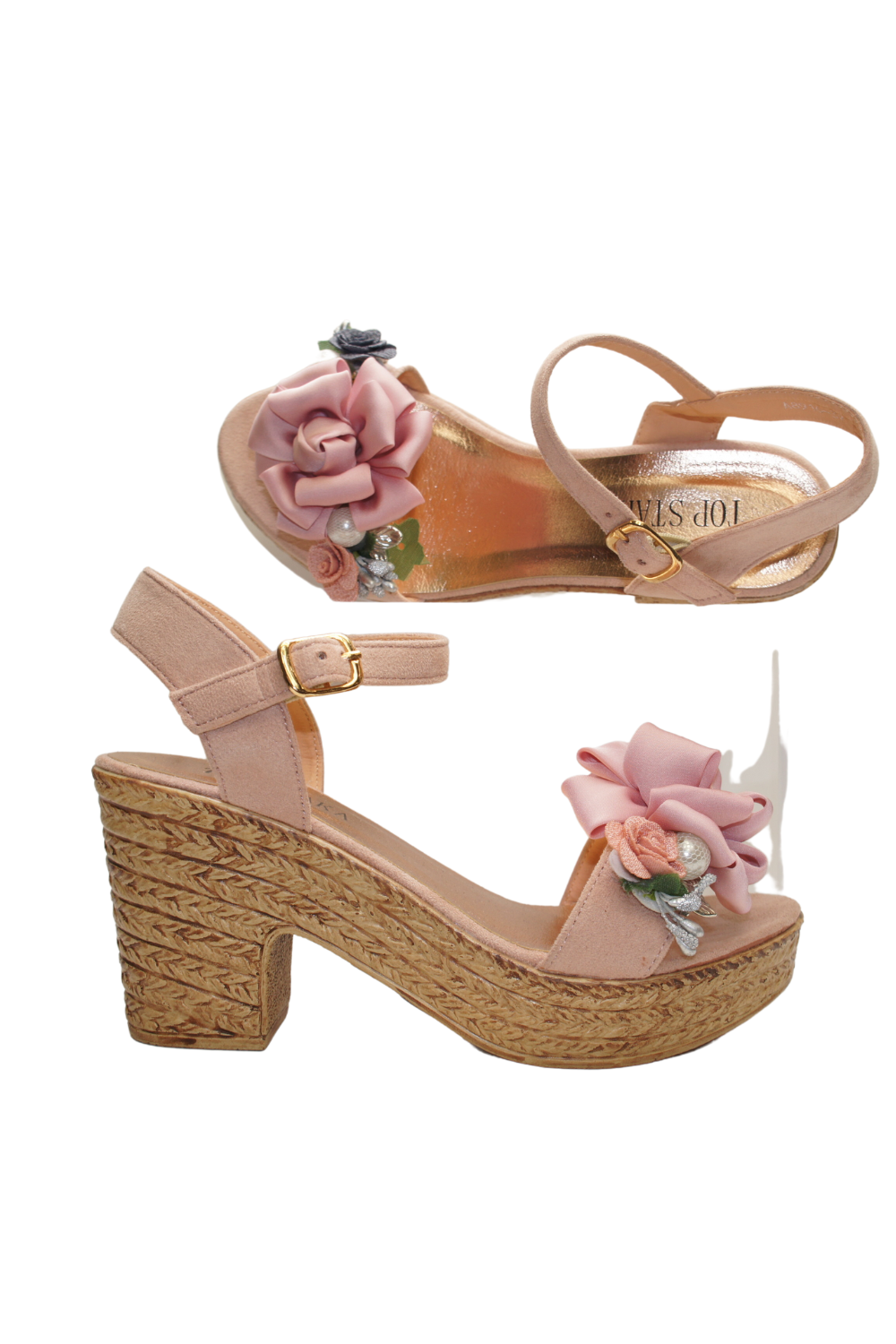 IVACHY Womens Wedge Ladies Summer Floral Sandal Espadrille Platform with Pearl Decoration A8916 PINK