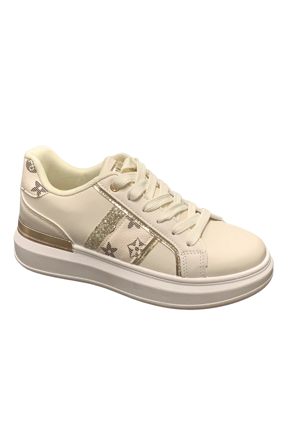 Womens Shining Metallic Sequins Print Pattern Lace-Up Chunky Wedges Trainers Sneakers  2379 BEIGE