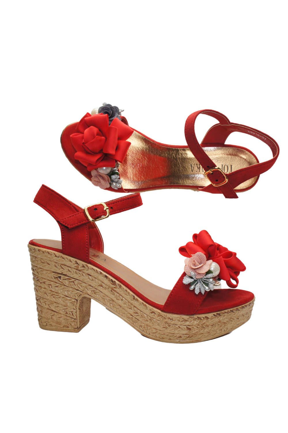 IVACHY Womens Wedge Summer Floral Sandal Espadrille Platform with Pearl A8916 RED