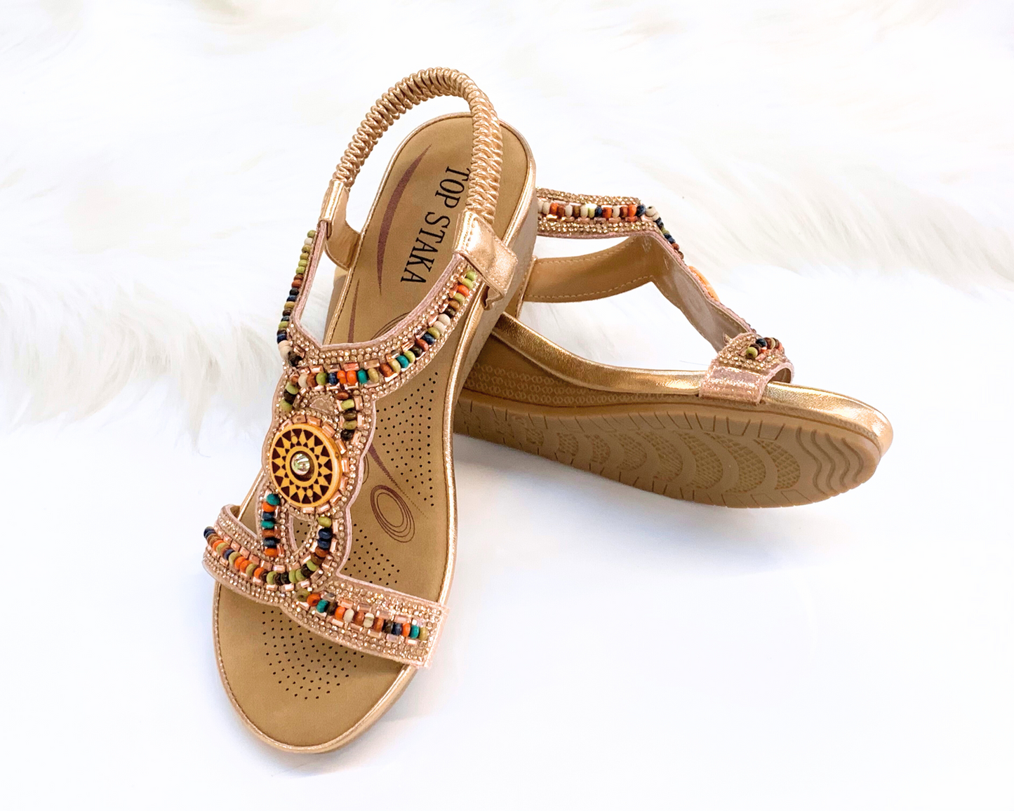 IVACHY Womens beaded crystals elastic strap stretch flats Rhinestone Decor Slingback Bohemian Style Sandals A68126 CHAMPAGNE