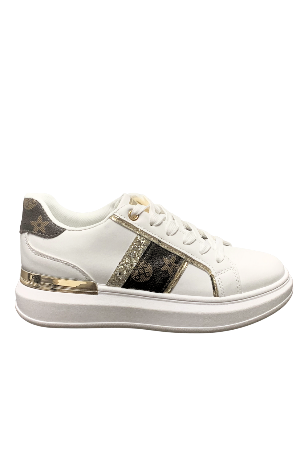 Womens Shining Metallic Sequins Print Pattern Lace-Up Chunky Wedges Trainers Sneakers 2379 WHITE