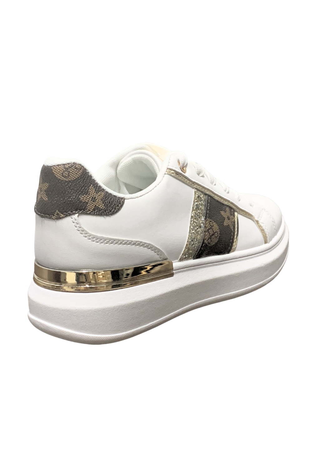 Womens Shining Metallic Sequins Print Pattern Lace-Up Chunky Wedges Trainers Sneakers 2379 WHITE