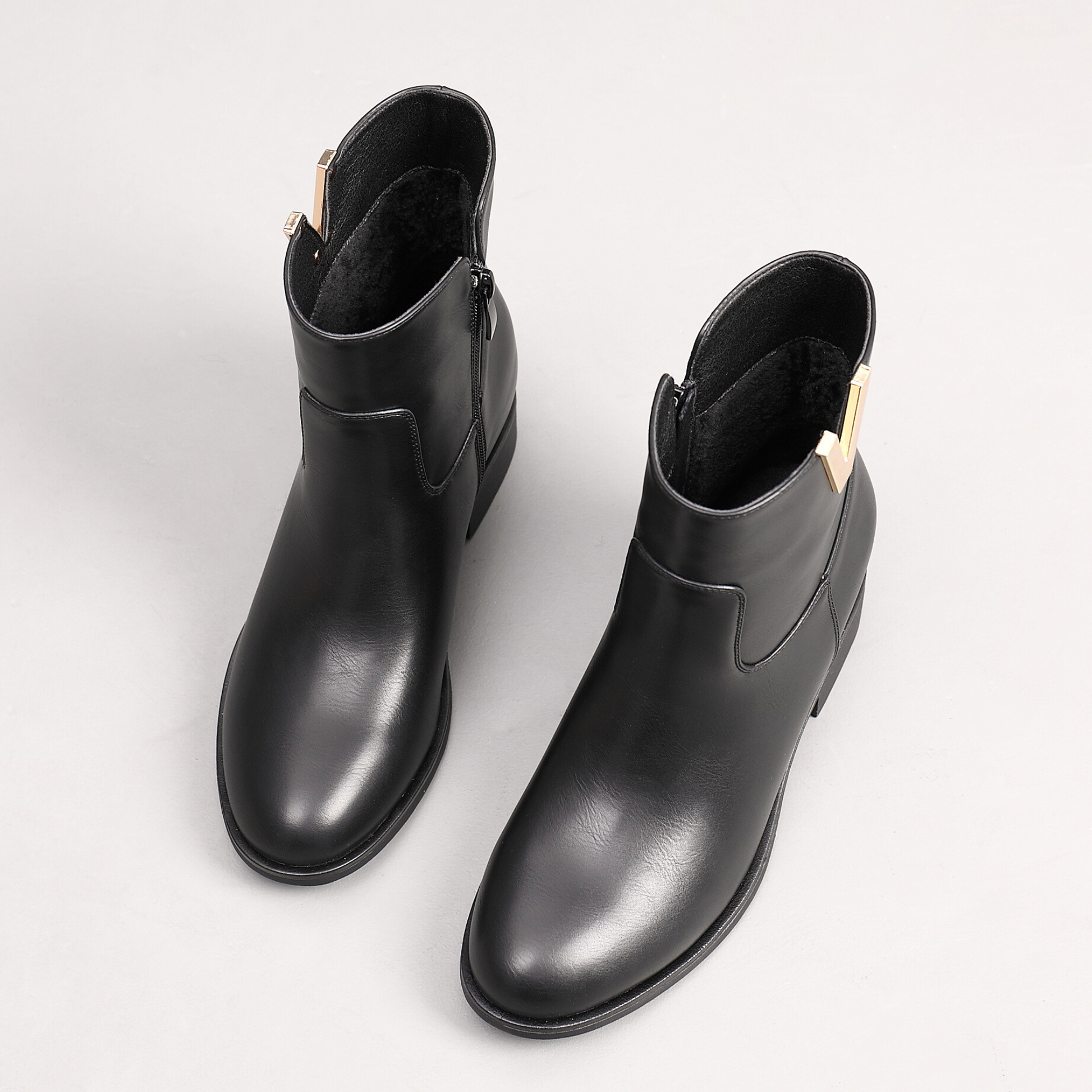 Ladies flat black leather top ankle boots