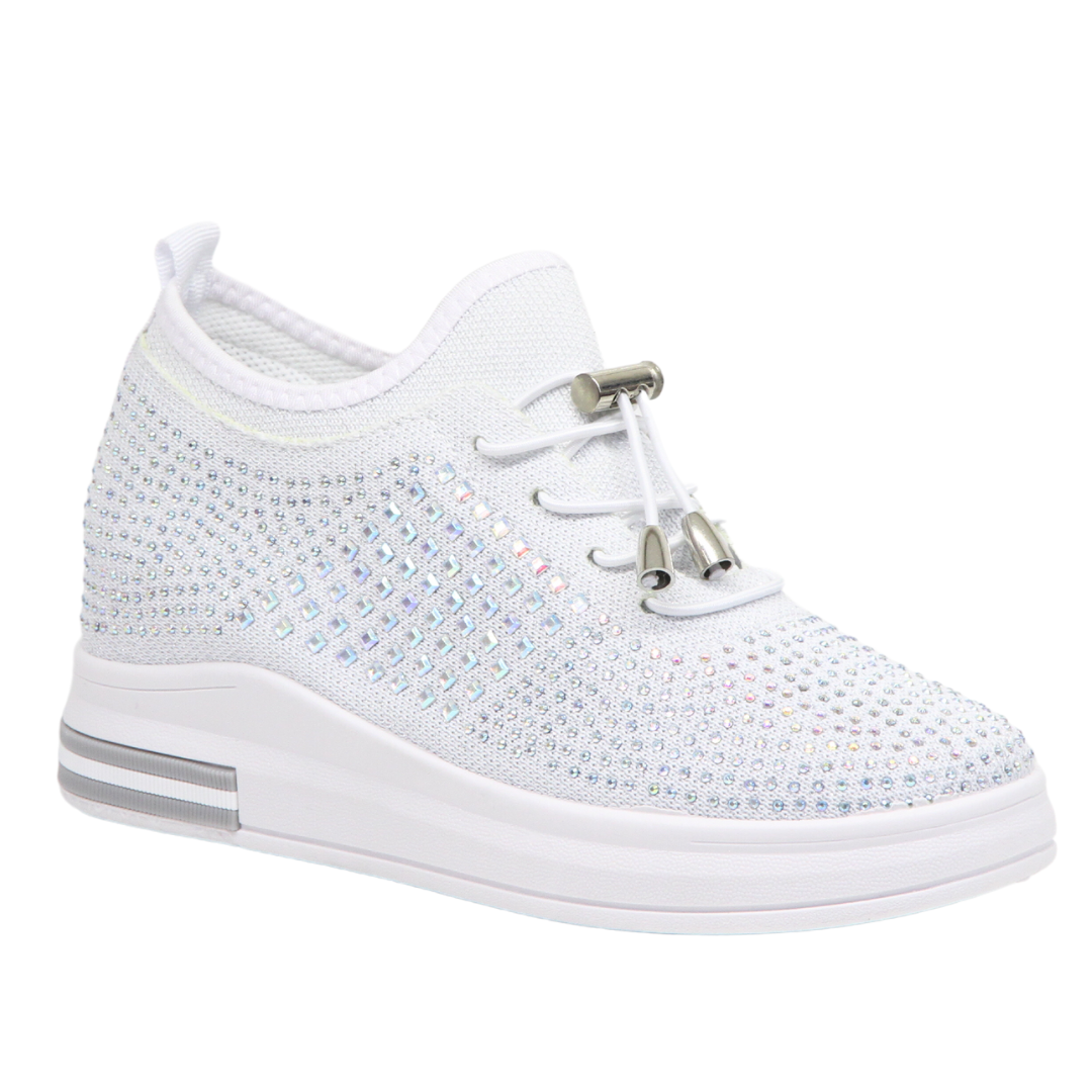 Womens Wedges Trainers Slip-on Chunky Sole Platform Ladies Crystal Sneakers Lightweight Comfy Shoes Daily Wear 2375 WHITE