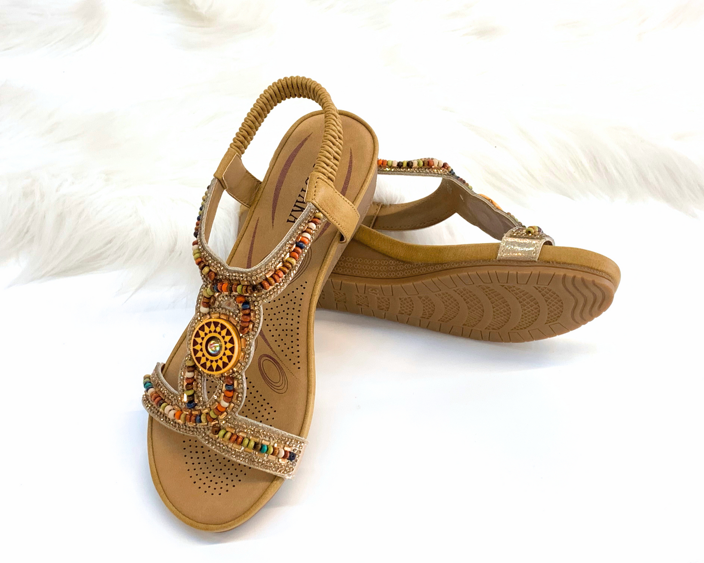 IVACHY Womens beaded crystals elastic strap stretch flats Rhinestone Decor Slingback Bohemian Style Sandals A68126 CAMEL