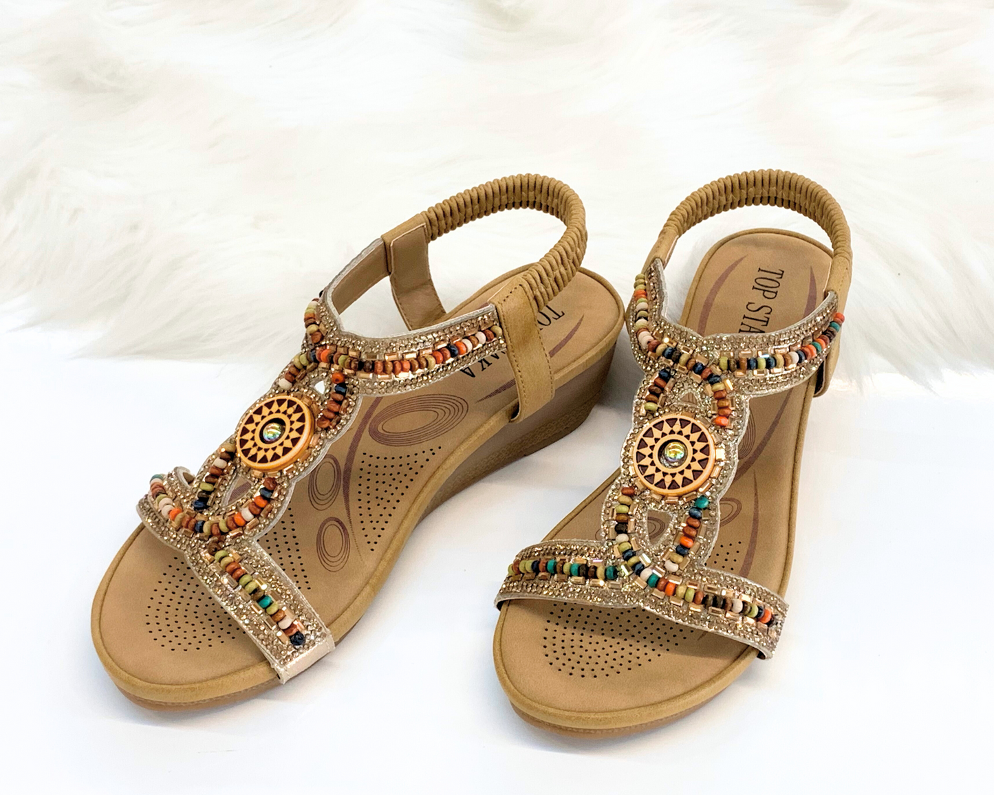 IVACHY Womens beaded crystals elastic strap stretch flats Rhinestone Decor Slingback Bohemian Style Sandals A68126 CAMEL