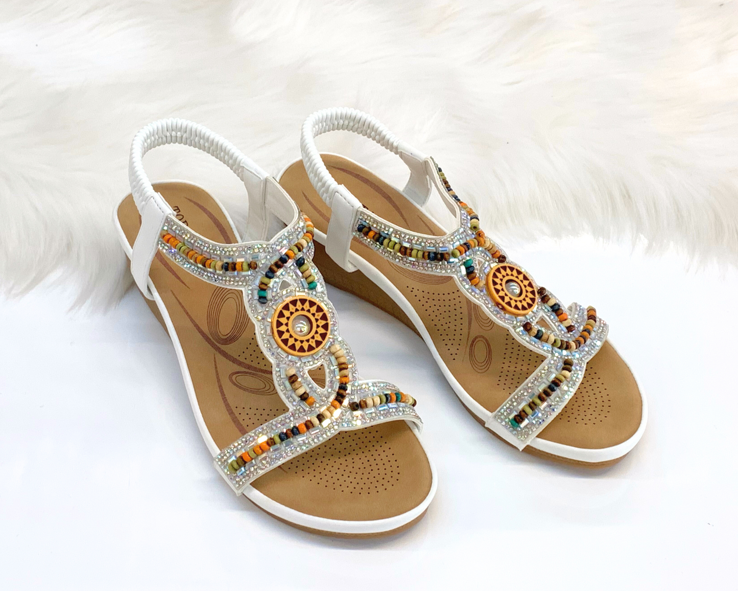 IVACHY Womens beaded crystals elastic strap stretch flats Rhinestone Decor Slingback Bohemian Style Sandals A68126 WHITE